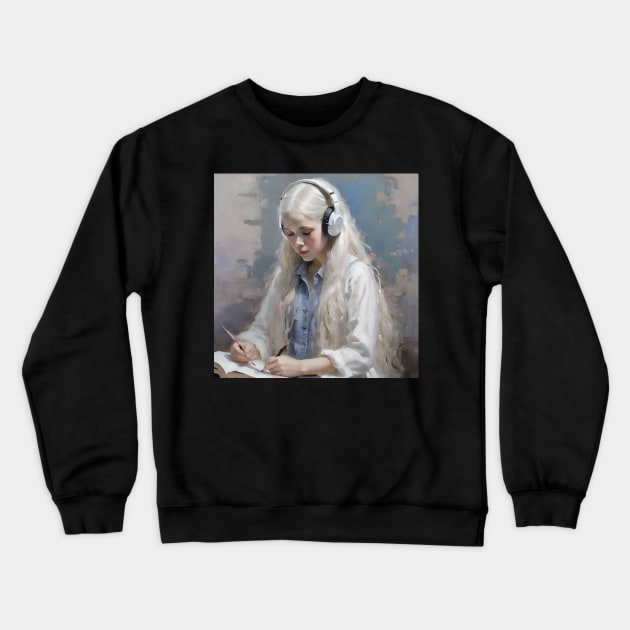 Blonde Girl With Headphones Reading Book B Crewneck Sweatshirt by Oldetimemercan